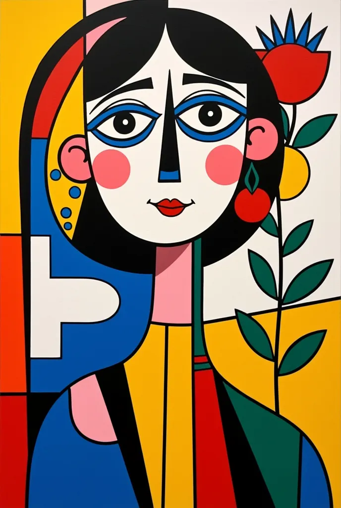 an abstract painting，geometric graphics stitched together to create a portrait，three primary colors ，inspired by picasso