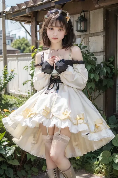  1 beautiful girl with pieces 、round face、Big eyes、Droopy eyes、Blonde、 short bob hair down the front、 straight hair 、 yellow gothic lolita fashion 、 lots of white lace frills 、 lace up on the chest 、Pretty yellow dress、Luxurious gothic lolita 、 voluminous ...