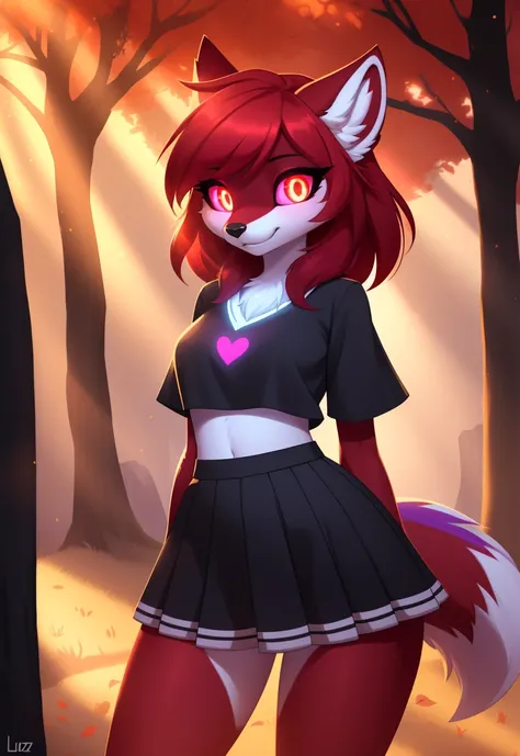 sexy girl, A cute one, white pele, very pretty face, colorful,  Red elements in the fur,  glowing eyes ,  full body , standing, shiny shirt, beautiful light and shadows , ambient light, ultra detailed fur, Luz Surround,  perfect body 