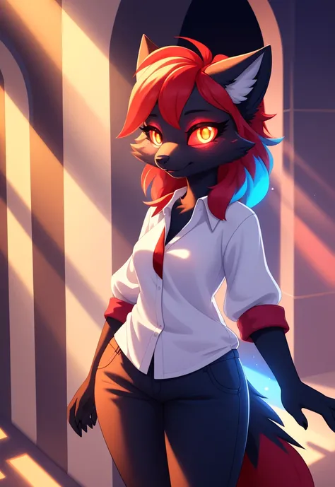 sexy girl, A cute one, white pele, very pretty face, colorful,  Red elements in the fur,  glowing eyes ,  full body , standing, shiny shirt, beautiful light and shadows , ambient light, ultra detailed fur, Luz Surround,  perfect body 