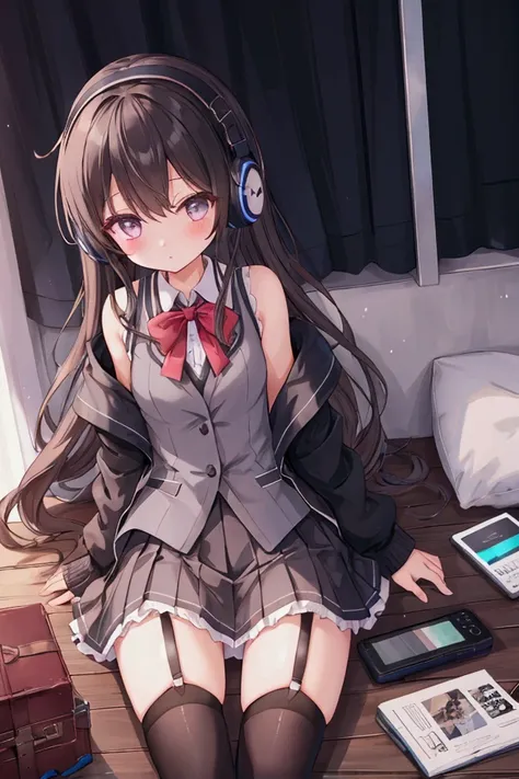  girl、uniform、 sleeveless、 headphones、Communication equipment、 miniskirt、 garter belts、Black socks