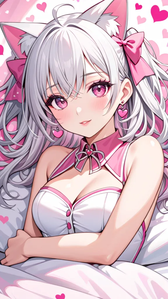 silver hair, pink eyes, body, cat ears,  sexy girl in bed,  earrings for a woman alone, heart background fantasy, uniform,  hair...