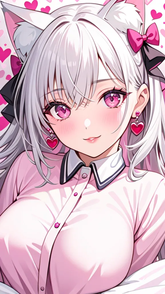 silver hair, pink eyes, body, cat ears,  sexy girl in bed,  earrings for a woman alone, heart background fantasy, uniform,  hair...