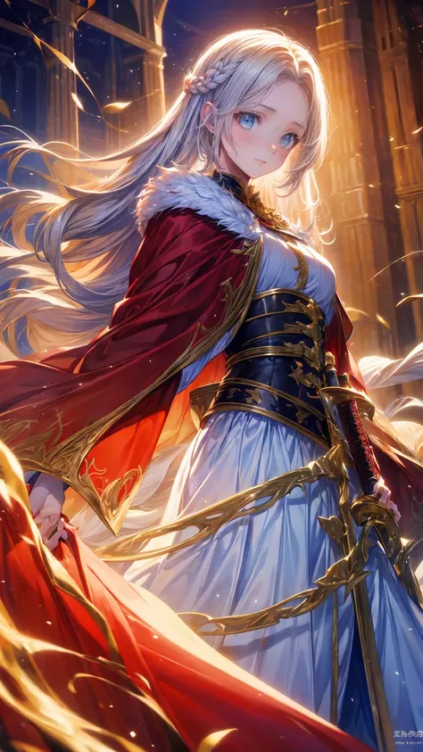  Fantasy Art , RPG Art, Dark  Fantasy Art ,  ultra wide shot , born, Photographically, 女性の人間Rangerとその (white: 1.4) Wolf Pets, Ranger,  very beautiful human woman ,  long blond hair  ,  braid hair, Green Eyes, wear leather armor, wear (red cloak: 1.1), Arme...