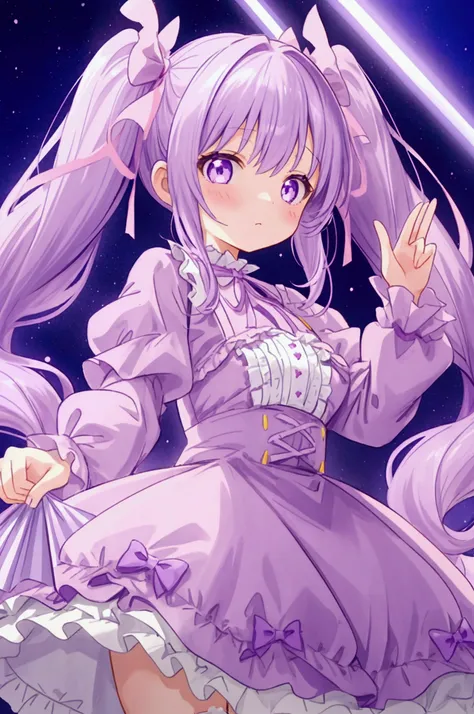  girl、 light purple hair、 Voluminous Twin Tails、Children、Playful expression、Light Purple Lolita Dress 、Frills、ribbon、gem