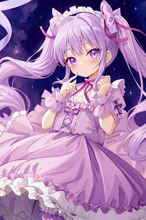  girl、 light purple hair、 Voluminous Twin Tails、Children、Playful expression、Light Purple Lolita Dress 、Frills、ribbon、gem