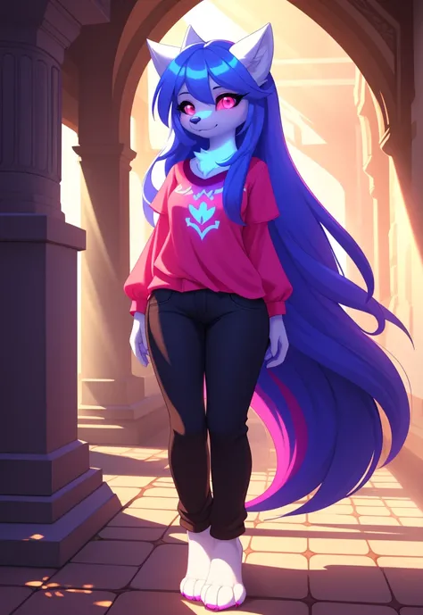 sexy girl, A cute one, white pele, very pretty face, colorful,  Red elements in the fur,  glowing eyes ,  full body , standing, shiny shirt, beautiful light and shadows , ambient light, ultra detailed fur, Luz Surround,  perfect body , Wear blue , purple, ...