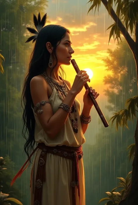 a native american woman playing a flute in the rain with a sunset behind her and trees in the background, Ella Guru, neo-romanticism, woman, a colorized photo