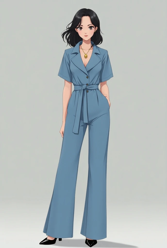 Aoi is wearing a tailored, light blue jumpsuit with a wide collar and button-up front. The jumpsuit features a belted waist and wide-leg pants, with black, court heels. As well as a golden pendent, giving her a chic, fancy look. Black medium length slightl...