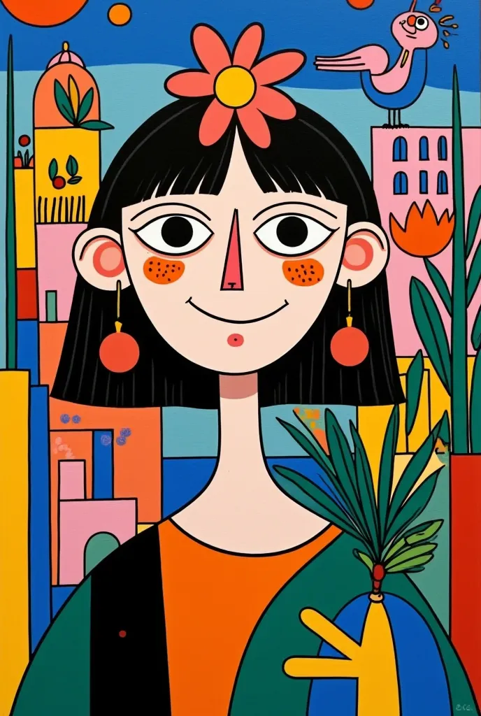 a painting， painted by a woman ， with a flower on her head , kiki picasso style,  aesthetic style similar to picasso {x} inspire...