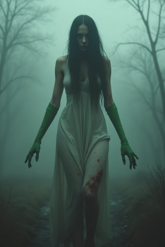  creating a scary ghost image  ,  Wearing a Dirty Old White Dress and Long Green Latex Gloves, long black hair, , White eyes , Catch Me ，Blooded  .  This scene is the scene around  , ，  in the thick dark mist  , 周圍的景象沉浸在黑暗middle,  adds a feeling of lonelin...