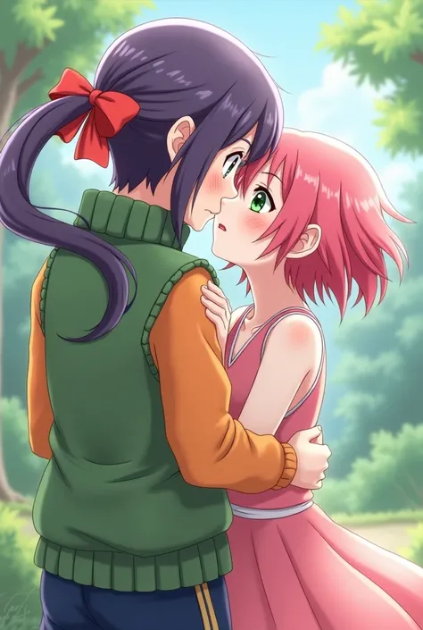 Naruto character boy with green vest with long purple hair tied with a red ribbon and yellow eyes and pink-haired girl with green eyes kissing each other 