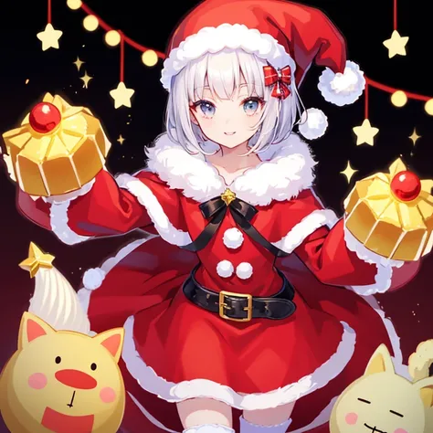 masterpiece , best quality, lineart, 1girl, solo,20 years old, (kemomimi:1.2)  , flat chest , short hair  , bronde hair ,  black eyes, hair between eyes,smile, cheerful , enjoy , happy, big eyes, parted lips, upper body, from front, santa costume, red and ...