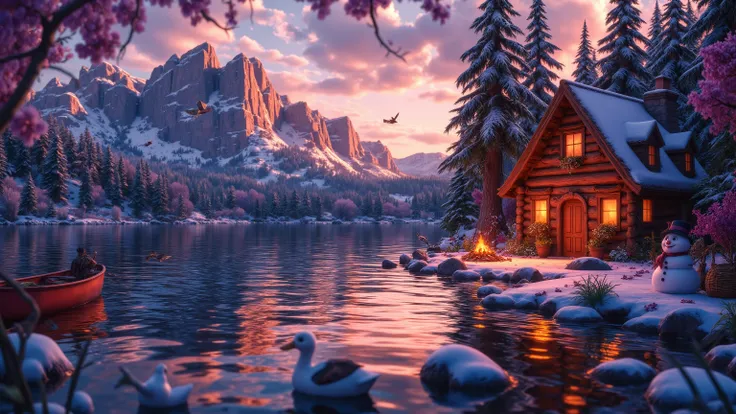 (Masterpiece), 8K, Vibrant colors. mountain lake with an old log cabin in the clearing, dark evening sky with the glow of the sunset behind the mountains, soft glow coming from the windows in the cabin and smoke from the chimney, ((Thomas Kinkade painting)...