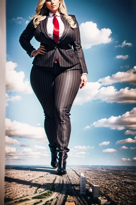 sophisticated and stylish bbw giantess in a form fitting light grey pinstriped trouser suit, white shirt, and a large wide crimson necktie with a really large windsor knot, with a beautiful, curvaceous figure, massive breasts, and blonde long wavey hair, w...