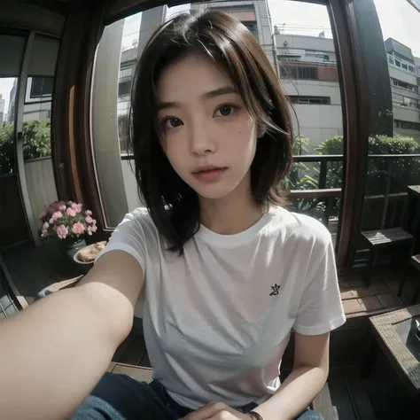 sitting on the couch in the living room、One woman, (((Perfect very beautiful face)))、(((Tokyo rooftop patio))), Japanese Apartment, rooftop, Cyberpunk settings, Old house. Lo-fi portrait by the window, Cozy place, Post-apocalyptic perspective, cyberpunk ap...