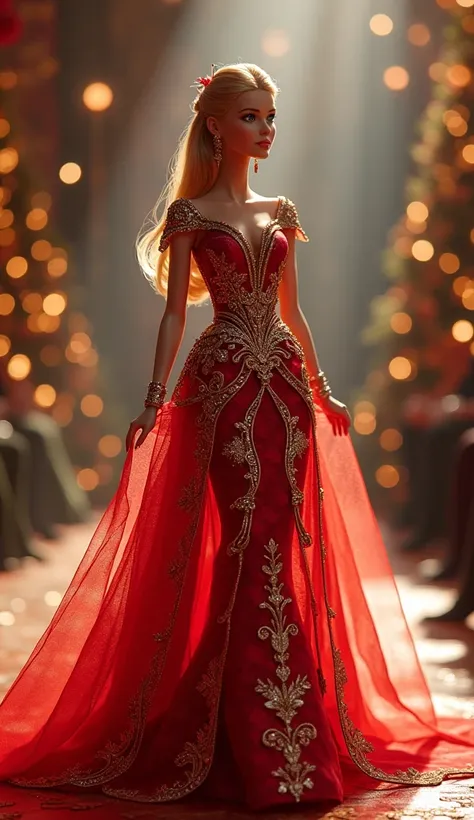 barbie, Christmas dress, fashion catwalk, full body photo, highly detailed,  photorealistic , 8k,  masterpiece ,  intricate details , ornate design, elegant pose,  studio lighting ,  dramatic lighting ,  shades of warm colors ,  cinematographic composition...