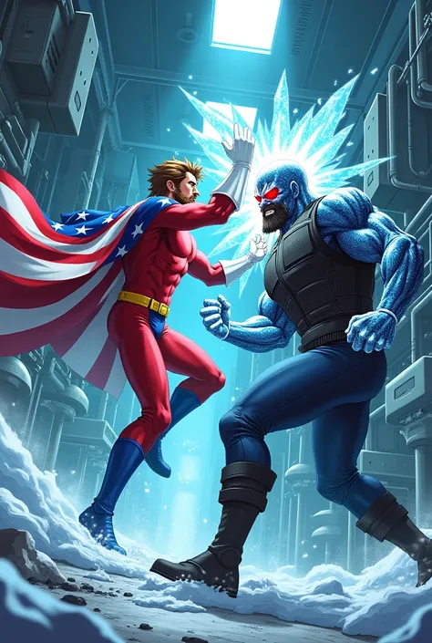 Fight between two characters. Character 1: (Male superhero, looks like former president James A. Garfield, has a brown beard and brown hair, wears a red skin tight costume with white gloves and blue boots, a yellow belt, wears an American flag cape, middle...