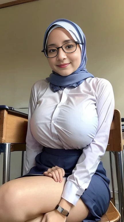 A beauty woman with hijab posing as a student in a classroom, glasses, (big breasts:1.4), with a sexy and attractive body. She is wearing a cosplay-style transparent dress uniform, unbutton, consisting of a  mini skirt and a white panty that is dropped sli...