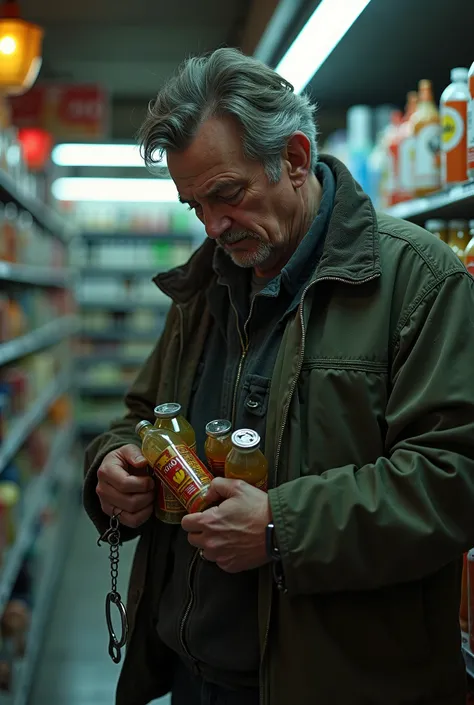 A realistic photograph featuring a 40-year-old man stealing and hiding food and beverage bottles under a jacket in a store. A handcuff is visible dangling from his wrist.