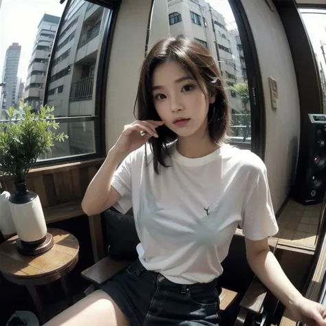 sitting on the couch in the living room、One woman, (((Perfect very beautiful face)))、(((Tokyo rooftop patio))), Japanese Apartment, rooftop, Cyberpunk settings, Old house. Lo-fi portrait by the window, Cozy place, Post-apocalyptic perspective, cyberpunk ap...