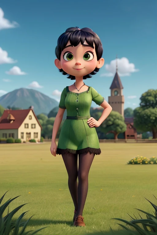 Mavis , movie character "hotel transylvania" ,  upper half of the body  , HEAD ON , walking through an expanse of green grass , by day ,  sunny day  , HEAD ON para o espectador ,  Looking at the viewer 