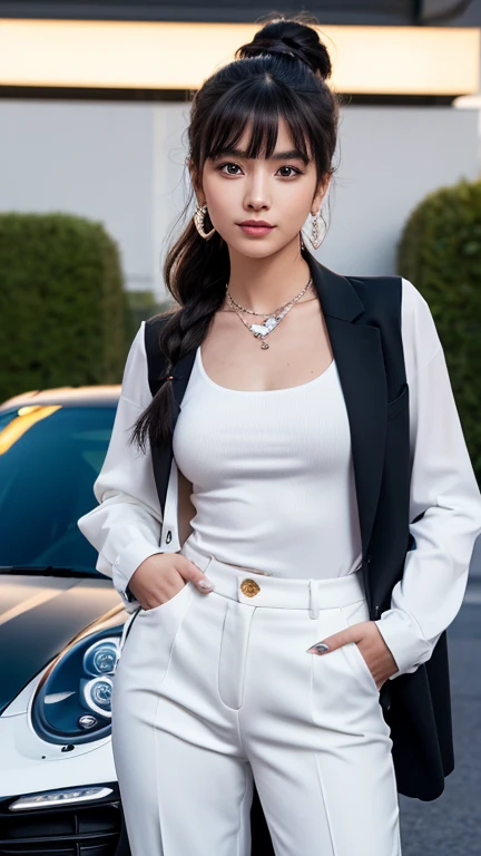 a beautiful 18 years old girl wearing formal black suits (including white shirt, and black trousers), it dressed very well like a star girl, bossy vibes, (black glasses:0.5) on her head, shes priceless girl, shes wise woman, shes elite boss, shes very rich...