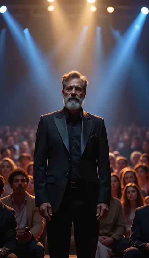 A middle-aged man with a bushy beard and gray hair stands in the center of a "Got Talent"-style lit stage. He wears an elegant black suit, with a serious and confident expression, while the audience watches intently. The stage is illuminated by spotlights ...