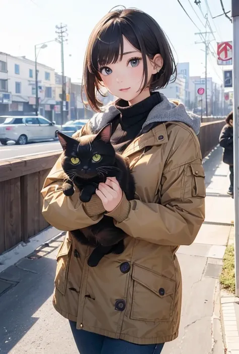 (8k、 realism、Original photo、 best quality: 1.3)、( 1 girl has )、super beautiful、(Serious)、(ish、Natural colored very shorthair cat)、Winter clothes、 Attracts Viewers 、beautiful expression、beautiful 、spouse&#39;s perspective、（real skin）、beautiful smile、（soldie...