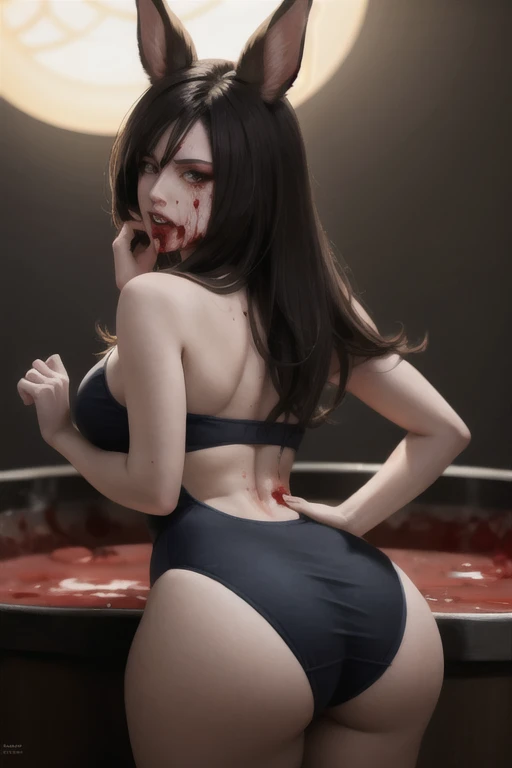 Creat 18+, sensual Judy hoppss, (Judy hopss : 1,3), personagem Zootopia, coelha Judy hopss Zootopia, Judy hopss coelha, wearing dark red swimsuit, blood splatters, blood dripping from her mouth, Night in a nightclub, oily and shiny skin, athletic and fit b...