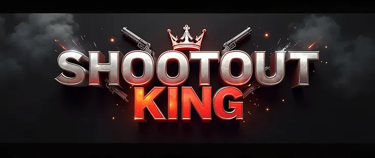 "Design a bold, cinematic movie title for the high-budget action film Shootout King. Use strong, metallic fonts with sharp edges and a 3D effect to evoke danger and power. The color palette should feature gunmetal gray, deep red, and black for a dramatic a...