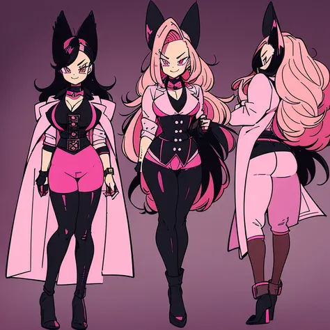 DBSuper, female, black long hair with pink highlights, pink eyes, black wolf ears, black wolf tail with pink trim, (((1girl))), (((white Victorian coat with pink trim))), (black shirt), (black gloves), (pink vest), (brown pants), (black heeled boots), cute...