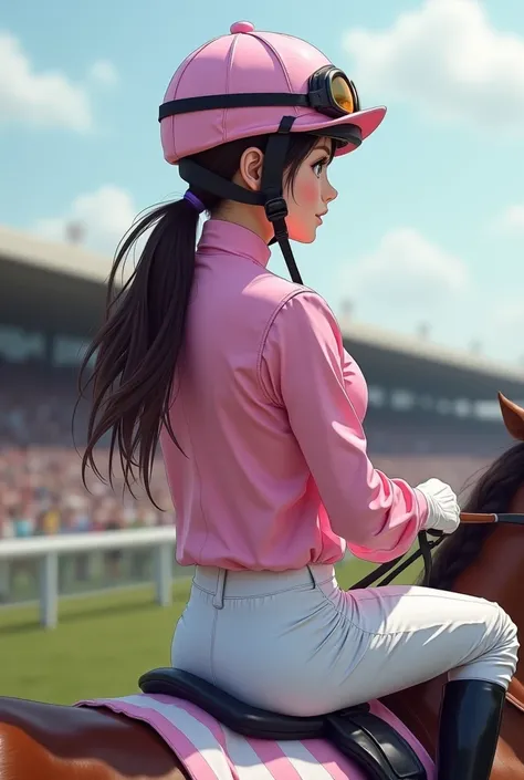 whole body, A cute teenage Japanese female jockey who bends over high in the Monkey Crouch system on top of RaceHorce,Rear view,Gloss,Strong muscles, white jockey pants ,( small ass ), pink jockey uniform , portrait,Model,A sophisticated helmet, focused ey...