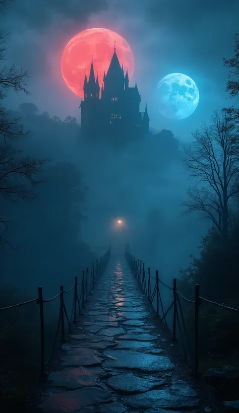 An ancient bridge enveloped in deep fog, with a red moon and a blue moon illuminating the scene, creating a mystical, otherworldly atmosphere. In the background, a majestic old castle can be seen, shrouded in mystery. The overall mood is enchanting and sur...