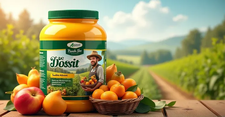 Product label with farm environment with a male farmer character holding a basket full of fruit on it and the words "Passi Soluble Adjuvant", Aquarax Uno, Dow All Set, decorative, digital render