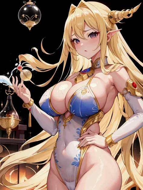  best quality, masterpiece,  ultra high resolution, female、Large busty、sex appeal、美少female、Medium、 Bakudai Round Rocket Milk 、Hourglass body type、 Blonde Long 、S