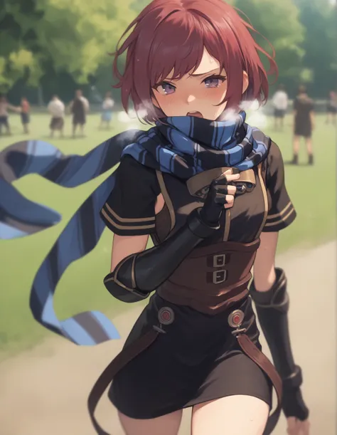  score_9,   score_8_up,  score_7_up nel zelpher,  black dress, Short dress,  striped scarf, Arm guard, Fingerless gloves,  black knee high ,
depth of Field, Field,  blush,  rough breathing