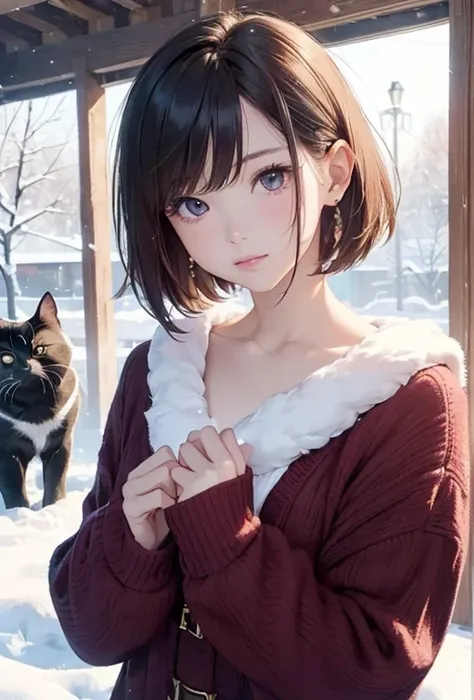 (8k、 realism、Original photo、 best quality: 1.3)、( 1 girl has )、super beautiful、(Serious)、(ish、 natural color berry short hair with rough chest、Three-haired cat)、Winter clothes、 Attracts Viewers 、beautiful expression、beautiful 、spouse&#39;s perspective、（rea...