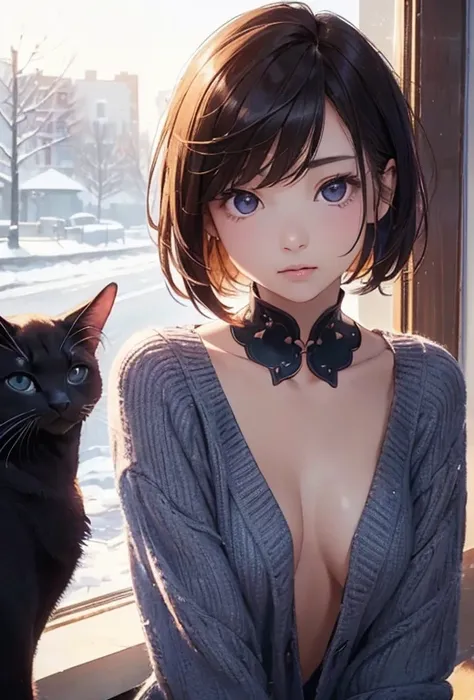 (8k、 realism、Original photo、 best quality: 1.3)、( 1 girl has )、super beautiful、(Serious)、(ish、 natural color berry short hair with rough chest、Three-haired cat)、Winter clothes、 Attracts Viewers 、beautiful expression、beautiful 、spouse&#39;s perspective、（rea...