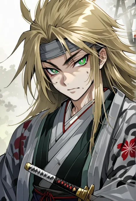 Masculine, long blond hair, eyes with green pupils,Japanese kimono, katana, black bandage on the eyes ,samurai,age 20 years,teenager,youthful appearance ,young appearance, manhwa.