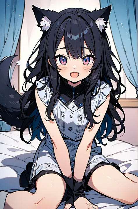 (hyper ultra detailed anime illustration:1.4), masterpiece,best quality,ultra detailed,1 small boy,cute young boy, wolf ears, wolf tail,black hair,long hair, open mouth smile, flat-chest, flyffy pajama, sit on bed,