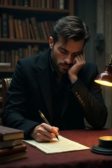 Man sitting writing dressed in black 