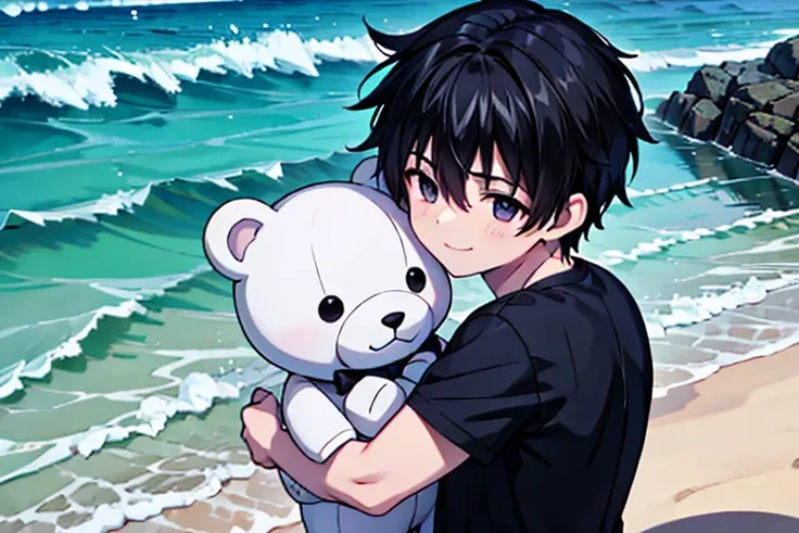 he hugs a white teddy bear, he smiles gently, he wear black shirt, black hear, sand beach.