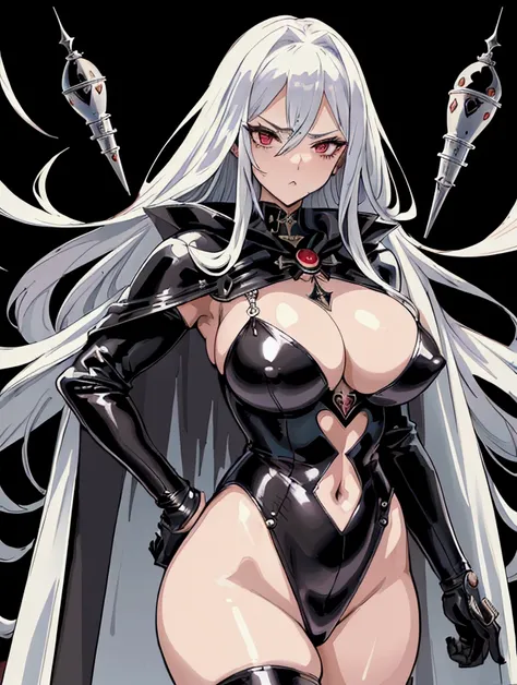  best quality, masterpiece,  ultra high resolution, badass woman 、Large busty、sex appeal、 pretty girl、Medium、 Bakudai Round Rocket Milk 、Hourglass body type、 long silver hair、 sadism 、 black badass costume、Cape、Bare Top、Cold and sharp face、A sultry look