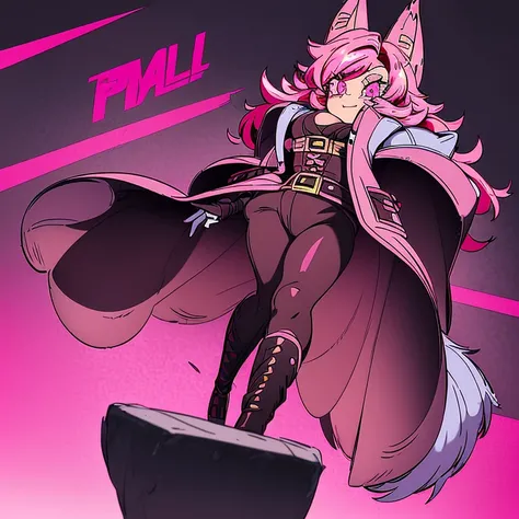 DBSuper, female, black long hair with pink highlights, pink eyes, black wolf ears, black wolf tail with pink trim, (((1girl))), (((white Victorian coat with pink trim))), (black shirt), (black gloves), (pink vest), (brown pants), (black heeled boots), cute...