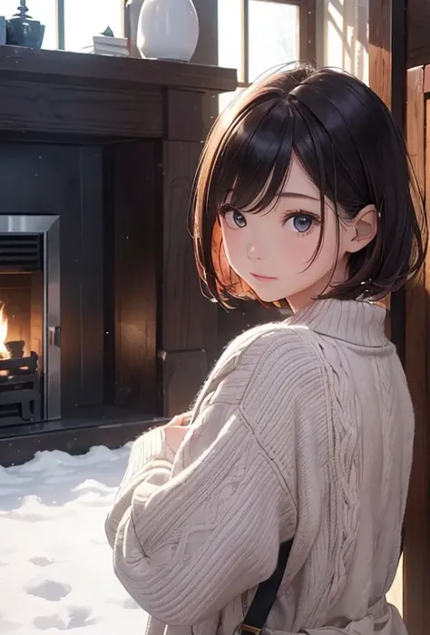 (8k、 realism、Original photo、 best quality: 1.3)、( 1 girl has )、super beautiful、(Serious)、(ish、 Natural Color Berry Shorthair、２Hiki Kitten )、（dark、fireplace、At home、Outside the window、Winter landscape、Snow-covered）、Winter clothes、 Attracts Viewers 、beautifu...