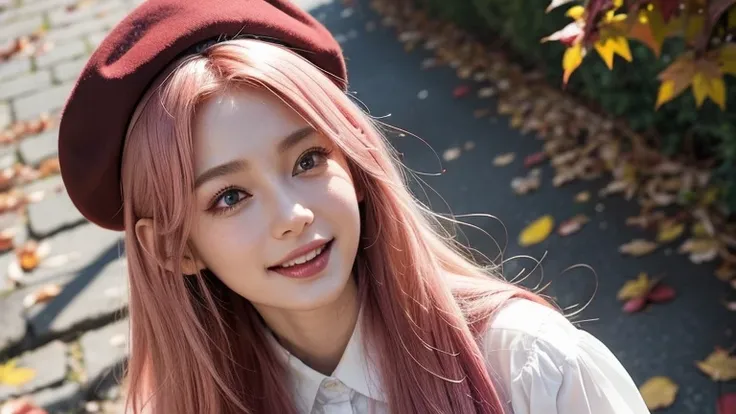 autumn, many red autumn leaves fluttering in the wind, amid the crowd, dressed in autumn fashion, wearing a beret, slipping and tripping, falling on bottoms, blushing, being embarrassed, laughing, long length bright white and pink hair, hair fluttering in ...