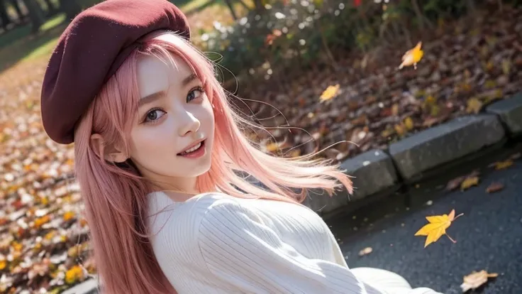 autumn, many red autumn leaves fluttering in the wind, amid the crowd, dressed in autumn fashion, wearing a beret, slipping and tripping, falling on bottoms, blushing, being embarrassed, laughing, long length bright white and pink hair, hair fluttering in ...