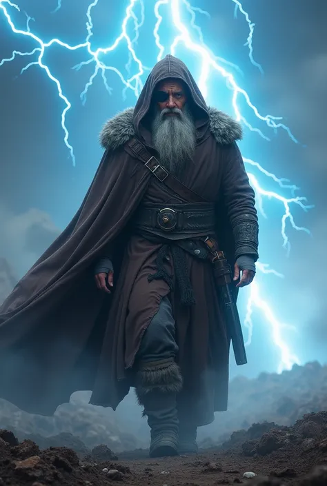 Male, Odin, Norse god, wearing a eye-patch over the right eye, walking through a battlefield, wearing a brown old hooded cloak, 55 years old, long grey beard, surrounded by blue lightning,