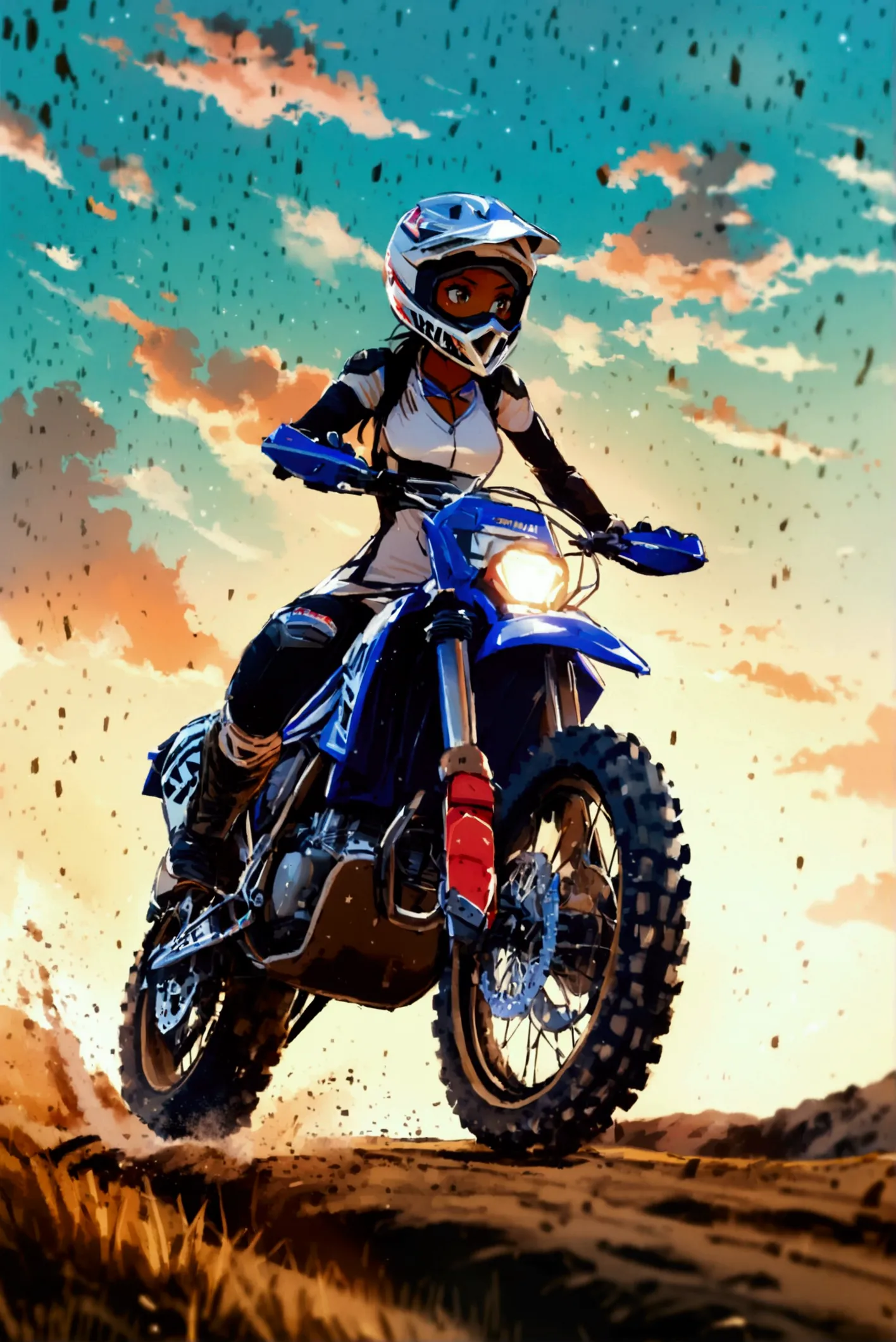 1 girl,   glossy brown skin, abs,motocross racing,yamaha wr250, motorcycle riding, starry sky